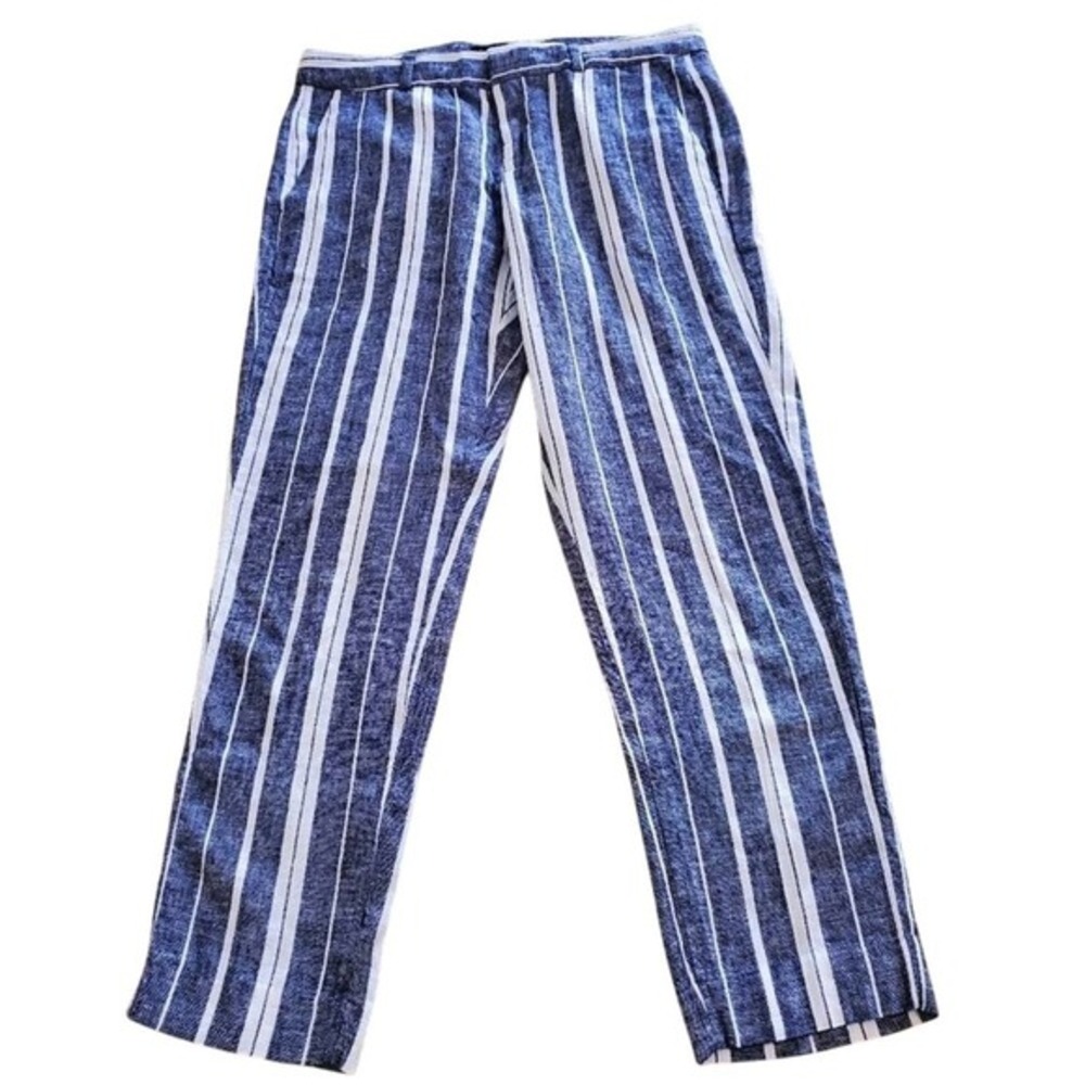 Banana Republic Striped Trousers Blue White Pull On Career Casual Pants Linen 2